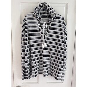Tahari Hoodie XL 100% Linen Blue White Striped Pullover Lightweight‎ Casual Top